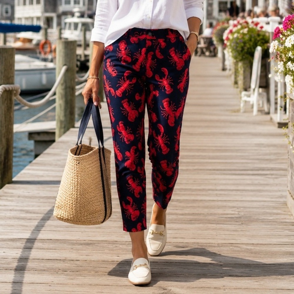 Old Navy Pixie Ankle Pants Lobster Print Novelty Coastal New England Summer Prep